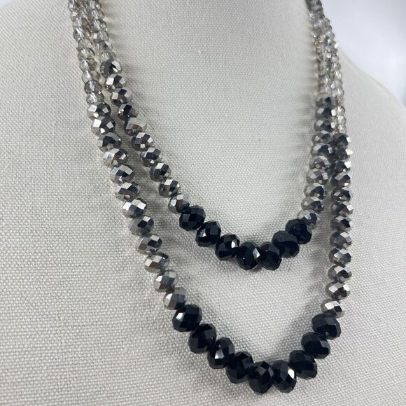Ali Khan New York Two Strand Faceted Bead Necklace Black Silver Clear Acrylic - Picture 2 of 8